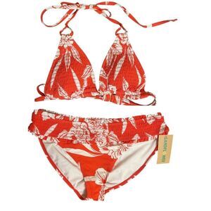 Bikini Smocked 2 pc Size Large Triangle Top Hipster Bottom Orange Floral Pattern